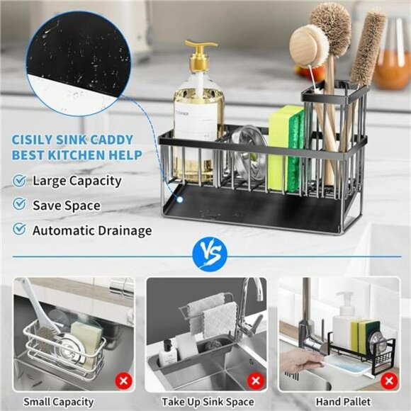 Cisily Stainless Kitchen Sink Caddy Organizer with Brush Sponge Holder Rack - Picture 2 of 7